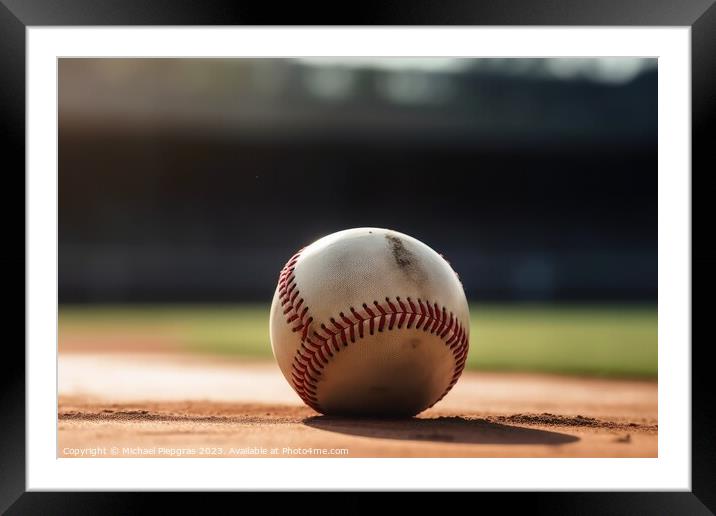 Close up of a baseball with a playfield background created with  Framed Mounted Print by Michael Piepgras