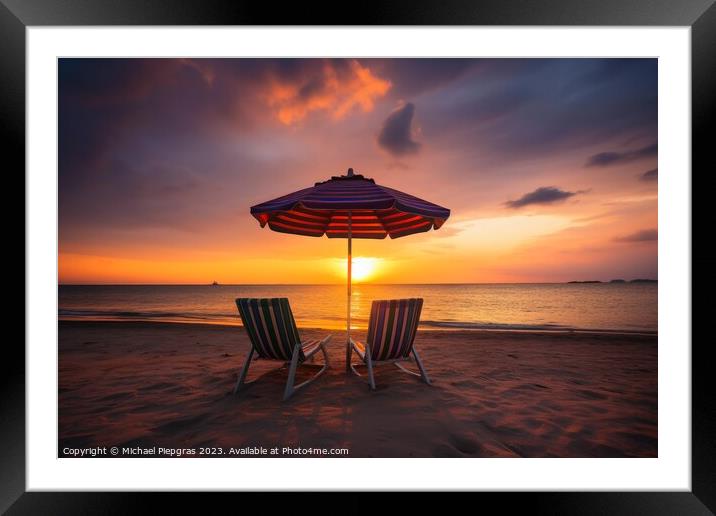 Two beach chairs and a little table with a colorful parasol dire Framed Mounted Print by Michael Piepgras