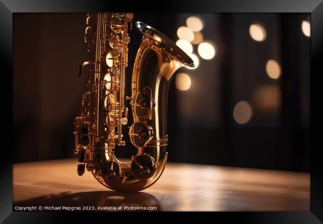 Close-up of a saxophone with reflections and a soft bokeh of lig Framed Print by Michael Piepgras