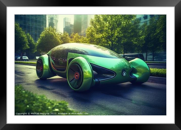 Futuristic electric car in a green city created with generative  Framed Mounted Print by Michael Piepgras