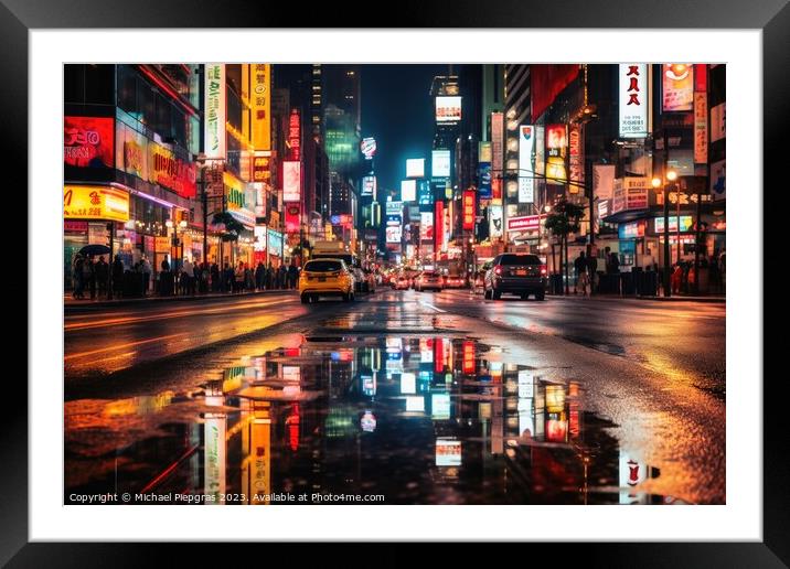 Nightlife in the big city created with generative AI technology. Framed Mounted Print by Michael Piepgras