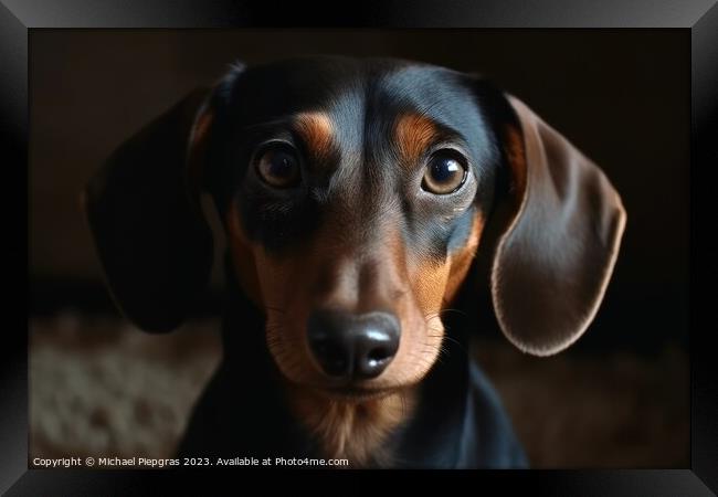 Portrait of a cute sausage dog with brown eyes created with gene Framed Print by Michael Piepgras