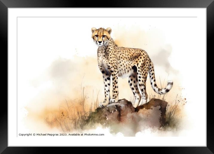 Watercolor painting of a cheetah on a white background. Framed Mounted Print by Michael Piepgras