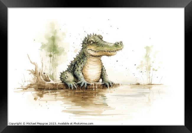 Watercolor painting of a cute crocodile on a white background. Framed Print by Michael Piepgras