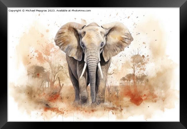 Watercolor painting of a big elephant on a white background. Framed Print by Michael Piepgras
