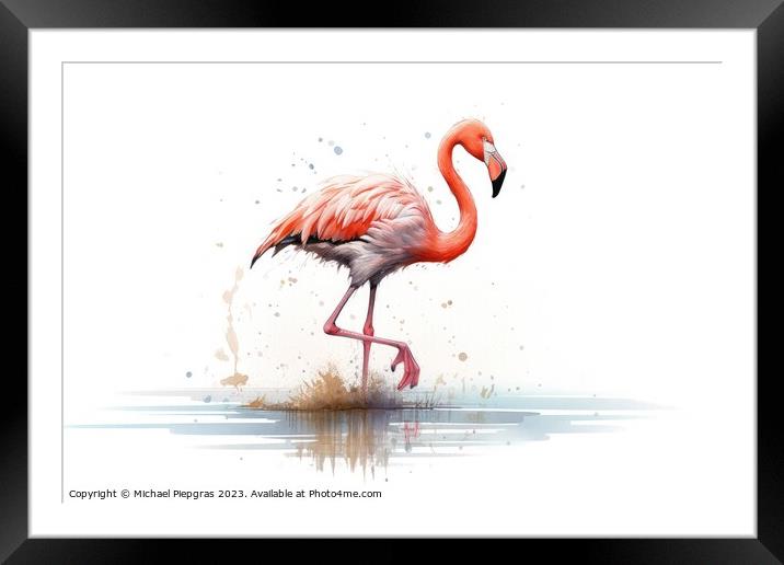 Watercolor painting of a flamingo on a white background. Framed Mounted Print by Michael Piepgras
