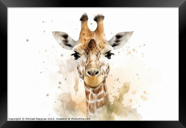 Watercolor painting of a giraffe on a white background. Framed Print by Michael Piepgras