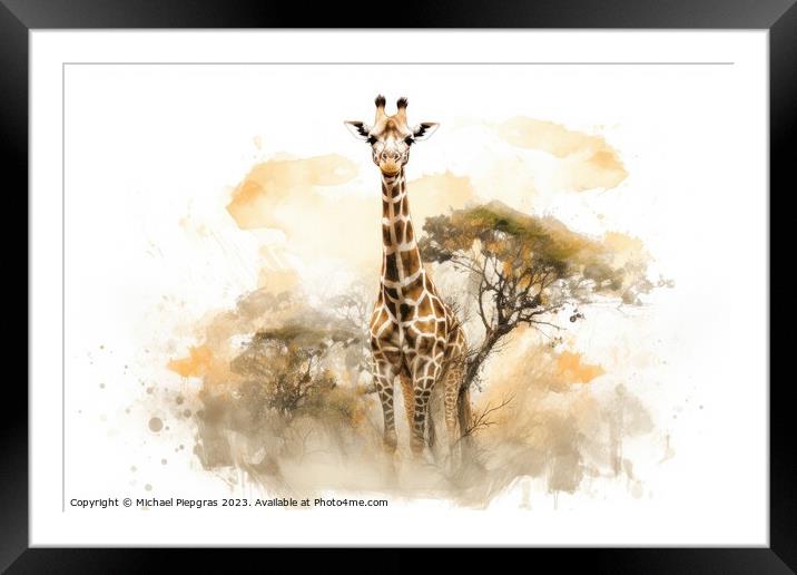 Watercolor painting of a giraffe on a white background. Framed Mounted Print by Michael Piepgras