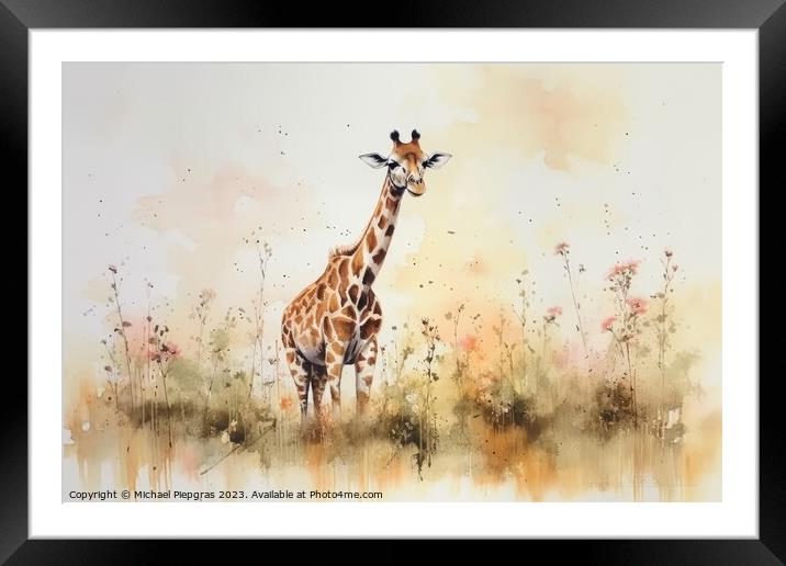 Watercolor painting of a giraffe on a white background. Framed Mounted Print by Michael Piepgras