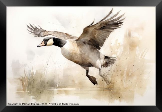 Watercolor painting of a goose on a white background. Framed Print by Michael Piepgras