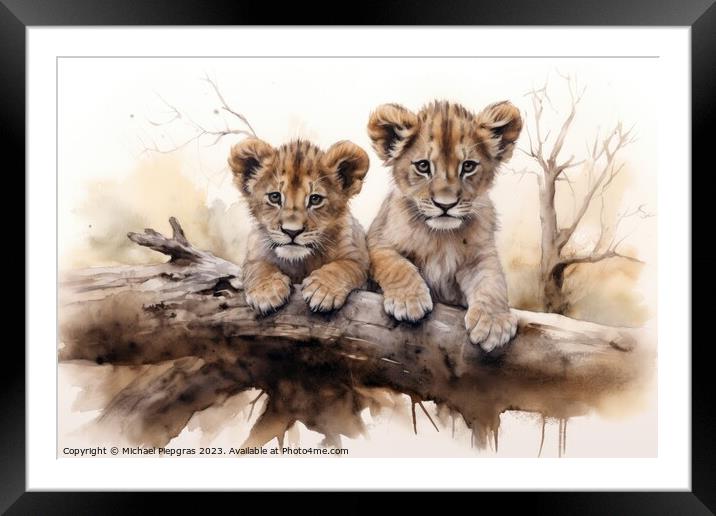 Watercolor painting of lion cubs on a white background. Framed Mounted Print by Michael Piepgras