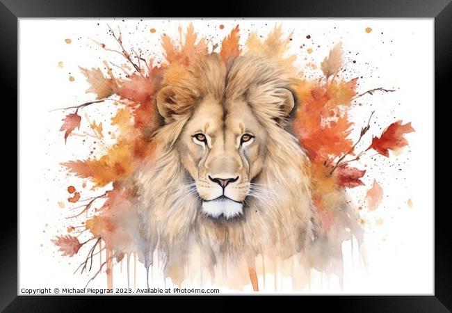 Watercolor painting of a lion on a white background. Framed Print by Michael Piepgras