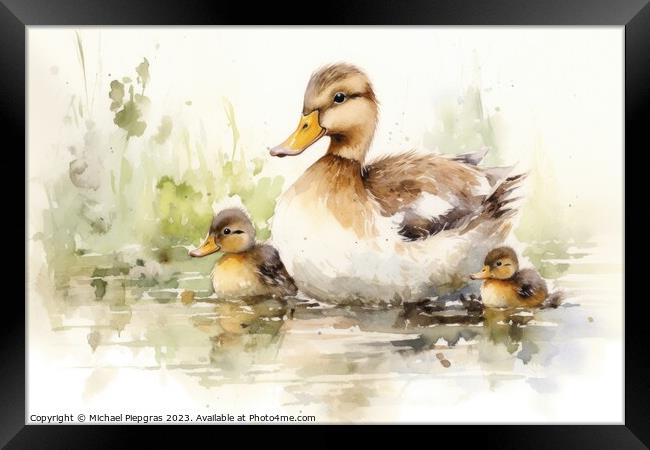 Watercolor painting of ducklings and mom on a white background. Framed Print by Michael Piepgras