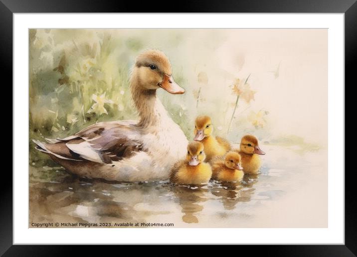 Watercolor painting of ducklings and mom on a white background. Framed Mounted Print by Michael Piepgras