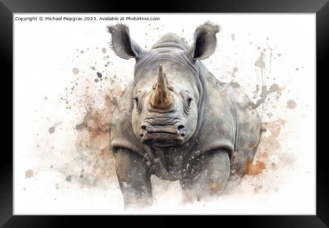 Watercolor painting of a Rhino on a white background. Framed Print by Michael Piepgras