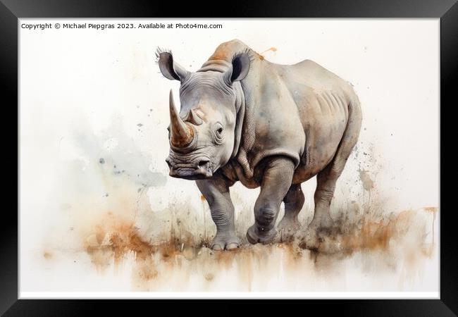 Watercolor painting of a Rhino on a white background. Framed Print by Michael Piepgras