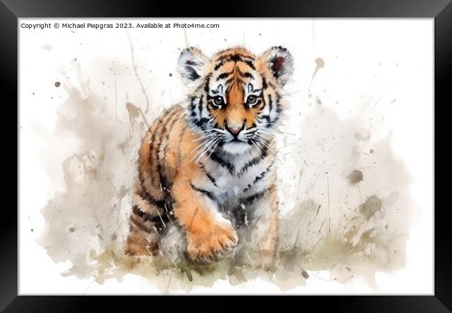 Watercolor painting of a Tiger on a white background. Framed Print by Michael Piepgras