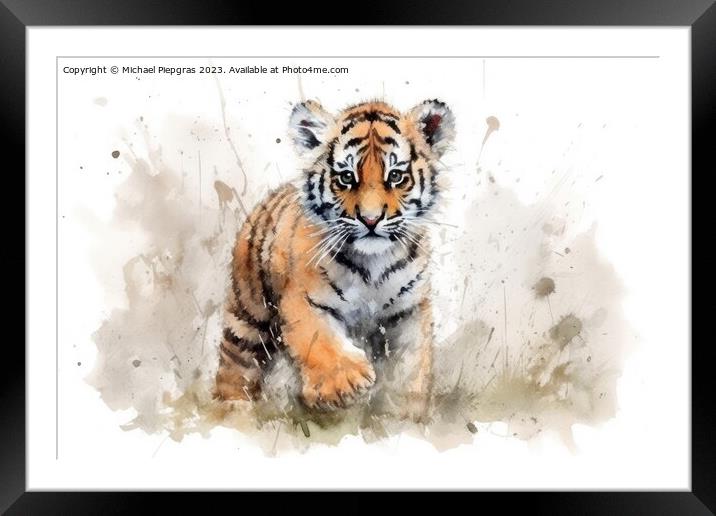 Watercolor painting of a Tiger on a white background. Framed Mounted Print by Michael Piepgras