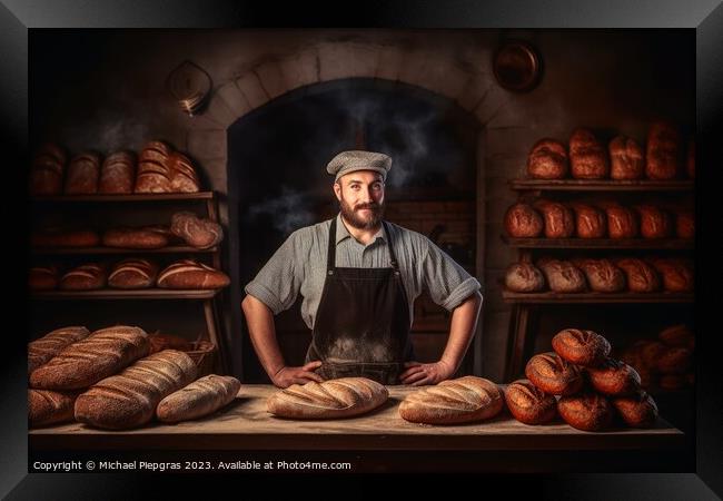 A baker baking bread in a bakery created with generative AI tech Framed Print by Michael Piepgras