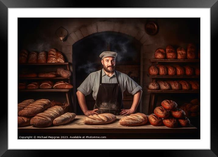 A baker baking bread in a bakery created with generative AI tech Framed Mounted Print by Michael Piepgras