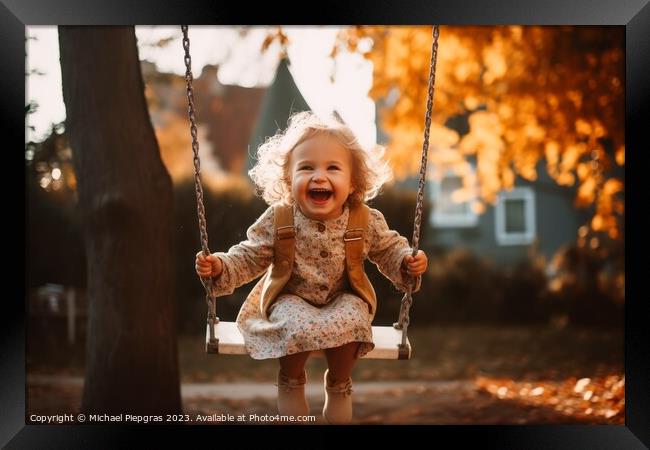 A cheerful and happy smiling child on a swing created with gener Framed Print by Michael Piepgras