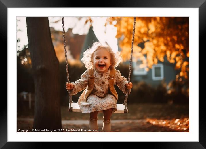 A cheerful and happy smiling child on a swing created with gener Framed Mounted Print by Michael Piepgras