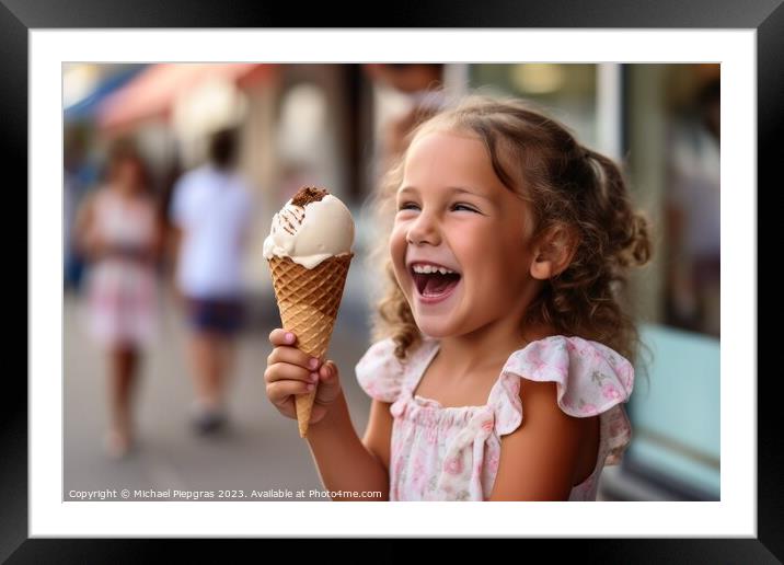 A happy child with ice cream created with generative AI technolo Framed Mounted Print by Michael Piepgras