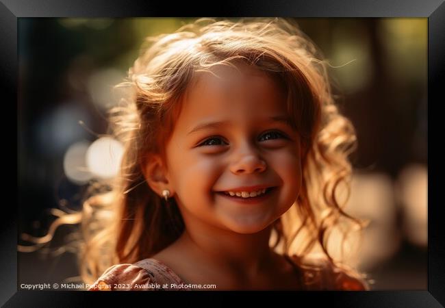 A portrait of happy smiling girl on a sunny day created with gen Framed Print by Michael Piepgras