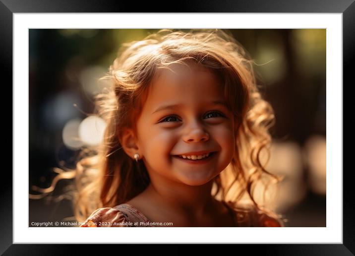 A portrait of happy smiling girl on a sunny day created with gen Framed Mounted Print by Michael Piepgras