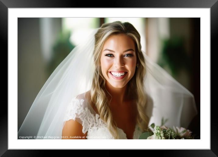 A happy smiling bride in a white dress created with generative A Framed Mounted Print by Michael Piepgras