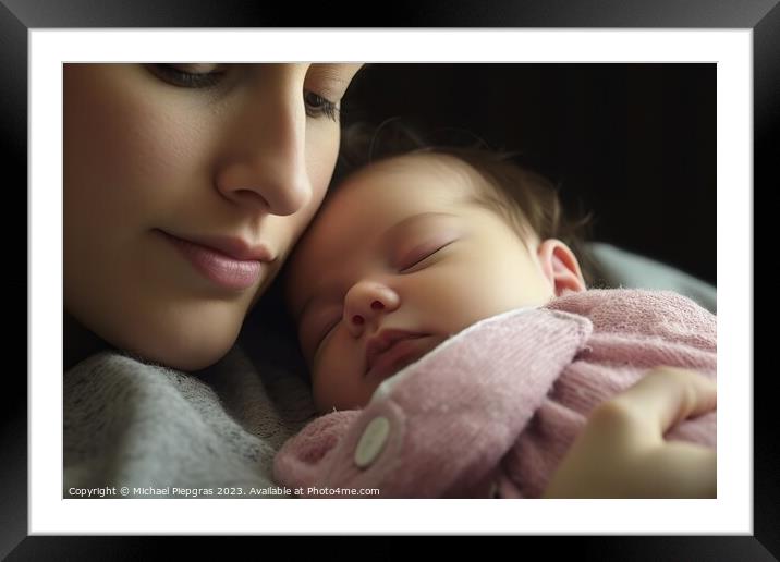 A sleeping baby and her mother created with generative AI techno Framed Mounted Print by Michael Piepgras