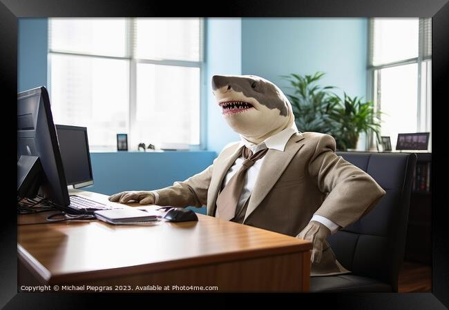 A white shark sitting in an office wearing a business suit creat Framed Print by Michael Piepgras