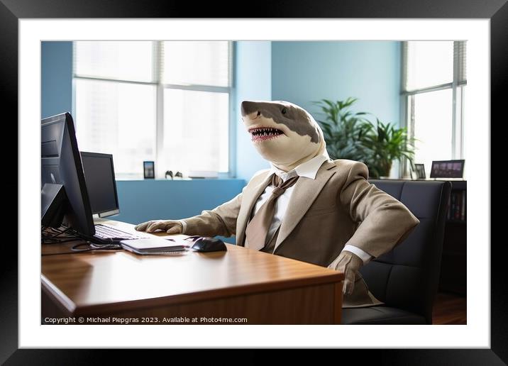 A white shark sitting in an office wearing a business suit creat Framed Mounted Print by Michael Piepgras