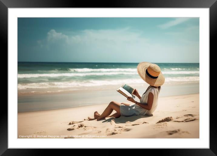 A woman at a tropical beach relaxing while reading a book create Framed Mounted Print by Michael Piepgras