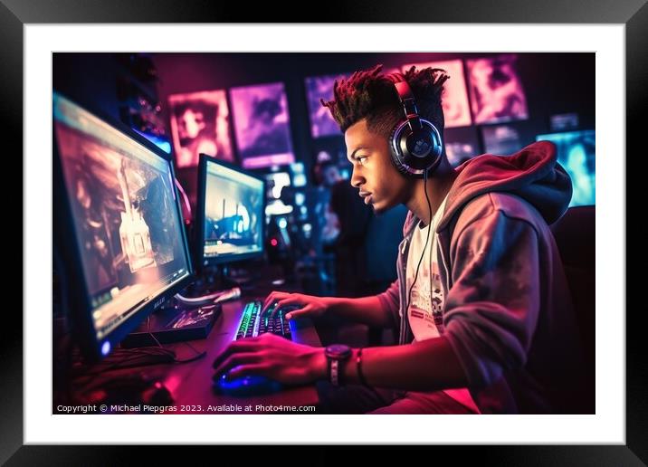 A young person sits at a gaming PC and plays a game created with Framed Mounted Print by Michael Piepgras