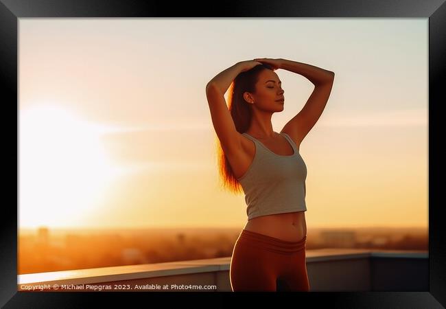 A young woman does yoga in the sun in the morning created with g Framed Print by Michael Piepgras
