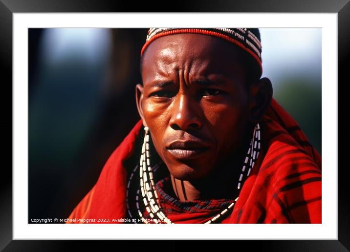 An african Masai in traditional robes created with generative AI Framed Mounted Print by Michael Piepgras