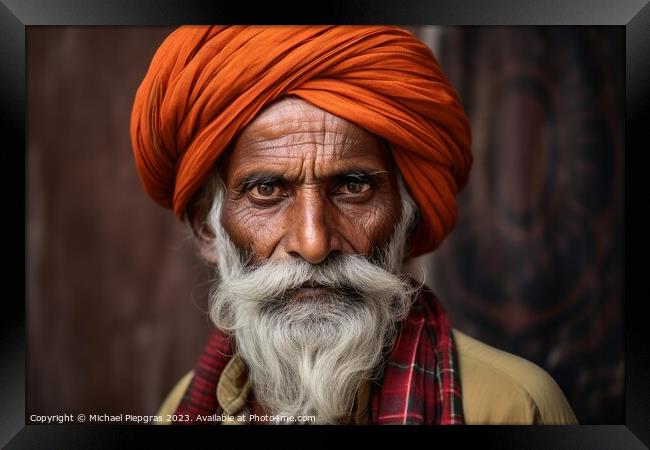 An old indian man portrait created with generative AI technology Framed Print by Michael Piepgras