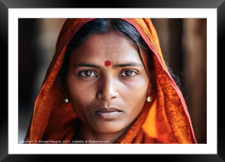 An indian woman portrait created with generative AI technology. Framed Mounted Print by Michael Piepgras