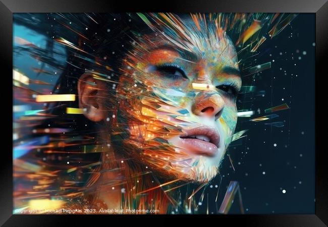 Close up of a beautiful cyberspace female face in a chaotic surr Framed Print by Michael Piepgras