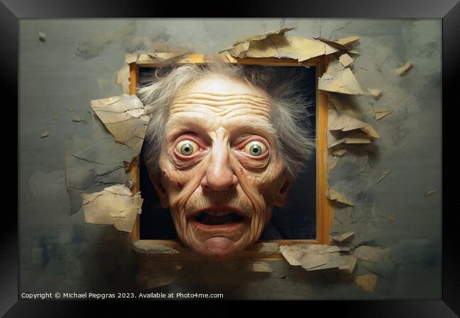 Deeply unsettling surrealist horror portrait created with genera Framed Print by Michael Piepgras