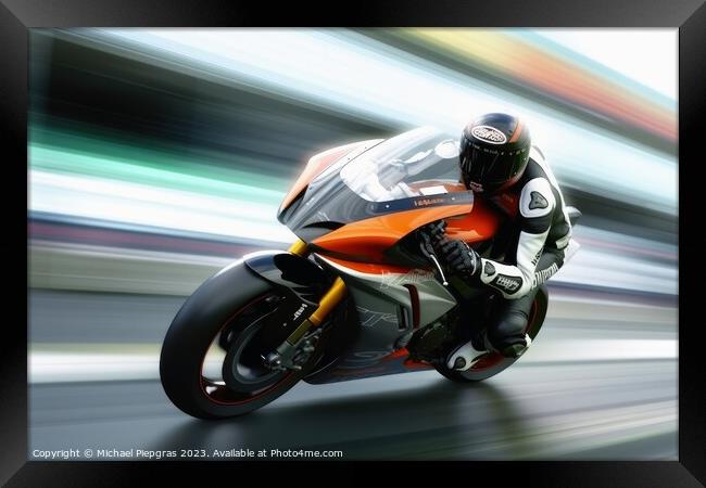High speed concept of a motorcycle on a race track created with  Framed Print by Michael Piepgras