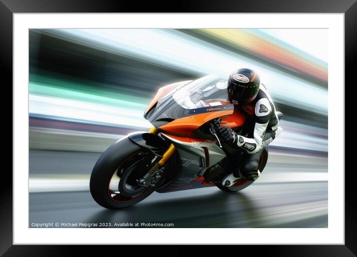 High speed concept of a motorcycle on a race track created with  Framed Mounted Print by Michael Piepgras