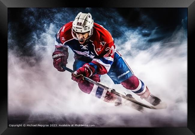 Mesmerizing ice hockey player in a cloud of exploding ice create Framed Print by Michael Piepgras