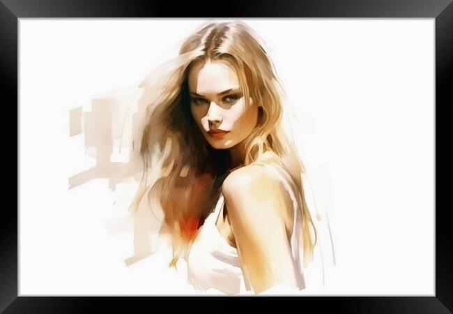 Watercolor portrait of a woman on a white background created wit Framed Print by Michael Piepgras