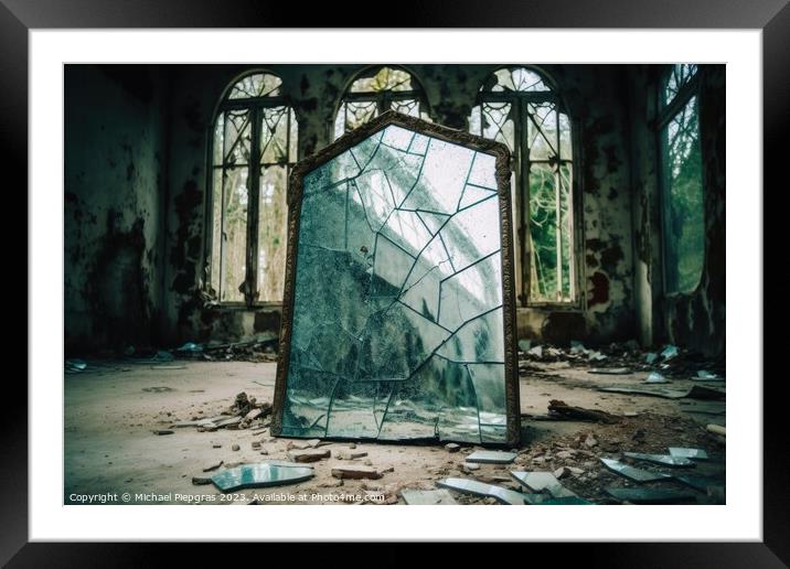 A broken mirror in a lost place created with generative AI techn Framed Mounted Print by Michael Piepgras