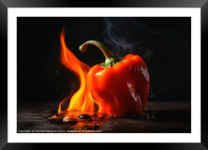A burning hot peperoni on a dark background created with generat Framed Mounted Print by Michael Piepgras