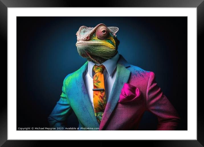 A Chameleon in a colorful suit created with generative AI techno Framed Mounted Print by Michael Piepgras