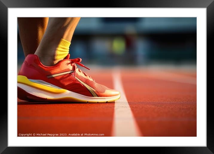 Close up of a human sport shoes on a sports field created with g Framed Mounted Print by Michael Piepgras