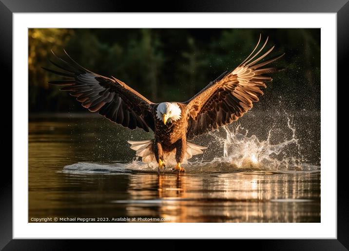 Eagle catching fish in a lake created with generative AI technol Framed Mounted Print by Michael Piepgras